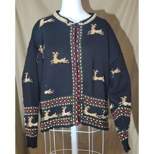 Christine Foley Sweater Cardigan‎ Womens Reindeer Sz2 Knit VTG Granny, Christmas